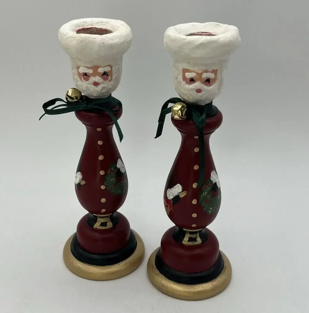 Set 2 Hand Painted Folk Art Wood Candlestick Santa Father Christmas Signed